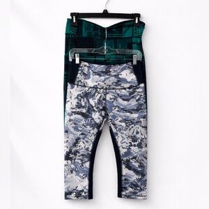 Lucy Crop Leggings Set of 2 Green & Blue Print High Rise Yoga Size M